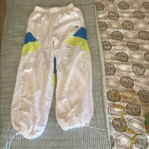 Champion White Pants with Blue and Yellow Highlights